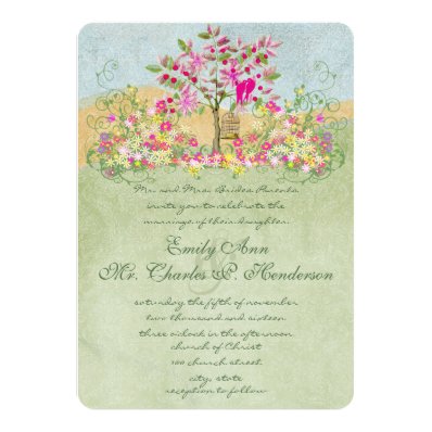 Swirled Pink Green Flower Love Birds Tree Wedding Cards