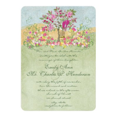 Swirled Pink Green Flower Love Birds Tree Wedding Personalized Invites