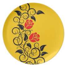 Swirling Red Roses, yellow background Plate