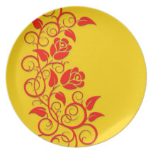 Swirling Roses, red on yellow Plate