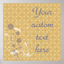 Swirls  & Flowers in Blue on Tan Pattern Poster