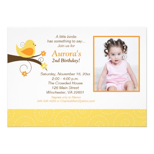 Swirly Birds Trendy Yellow Photo Birthday Invite