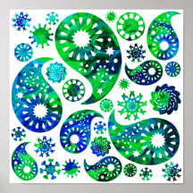Swirly Pattern Paisley in Green and Blue. Print