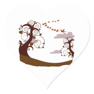 Swirly tree with flying birds graphic heart sticker