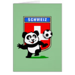 This adorable little panda is too cute! He's featured in front of a large flag from Switzerland and ready to play football and score some goals. This cute design is perfect for football players and soccer fans.