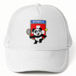 This adorable little panda loves to get out on the court and hits some balls. Panda plays in front of a large flag of Switzerland. This is a great design for anyone who loves to play tennis, watch tennis or just loves cute pandas.