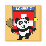 This adorable little panda loves to get out on the court and hits some balls. Panda plays in front of a large flag of Switzerland. This is a great design for anyone who loves to play tennis, watch tennis or just loves cute pandas.