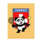 This adorable little panda loves to get out on the court and hits some balls. Panda plays in front of a large flag of Switzerland. This is a great design for anyone who loves to play tennis, watch tennis or just loves cute pandas.