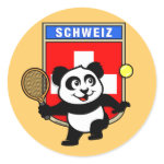 This adorable little panda loves to get out on the court and hits some balls. Panda plays in front of a large flag of Switzerland. This is a great design for anyone who loves to play tennis, watch tennis or just loves cute pandas.