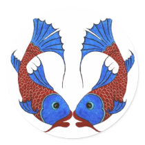 Symbol of Love and Good Luck Carp Fishes and Heart Round Stickers