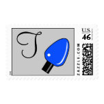 T Monogram Christmas Light Bulb Postage (Blue)