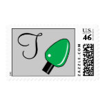 T Monogram Christmas Light Bulb Postage (Green)