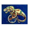 T rex on a penny farthing postcard