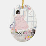 Tabby Cat and Girl by Trellis with Flowering Vine Christmas Tree Ornaments