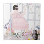 Tabby Cat and Girl by Trellis with Flowering Vine Ceramic Tiles