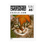 Tabby Cat with Fall Leaf Postage Stamp