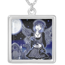 tabitha, grave, yard, angel, skull, flower, blue, gothic, fantasy, art, myka, jelina, mika, angels, Necklace with custom graphic design