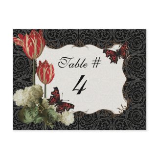 Table Number Card - Black n Cream Red Tulip Damask postcard