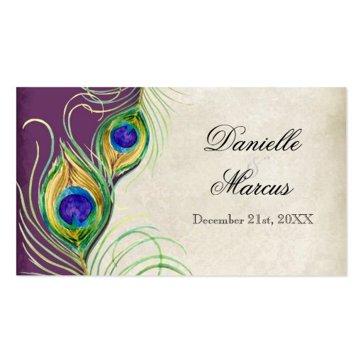 Table Place Card  - Peacock Feathers Purple Plum Business Card Template (front side)
