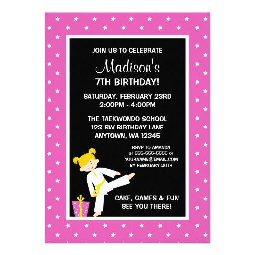 Taekwondo Karate Pink Stars Blonde Girl Birthday Personalized Announcement