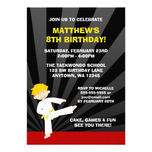 Taekwondo Karate Yellow Belt Birthday Invitations (front side)