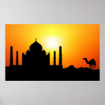 Taj Mahal &amp; Camel On Sunset Background Posters