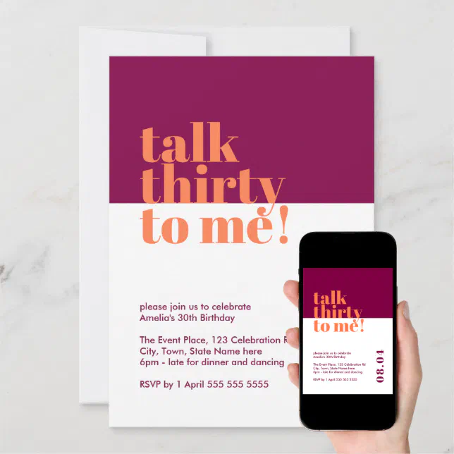 Talk Thirty To Me Purple Orange 30th Birthday Invitation Zazzle