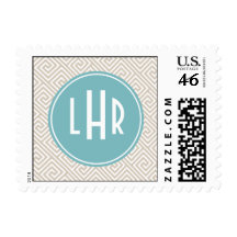 Tan and Aqua Greek Key Pattern Monogram Postage Stamp