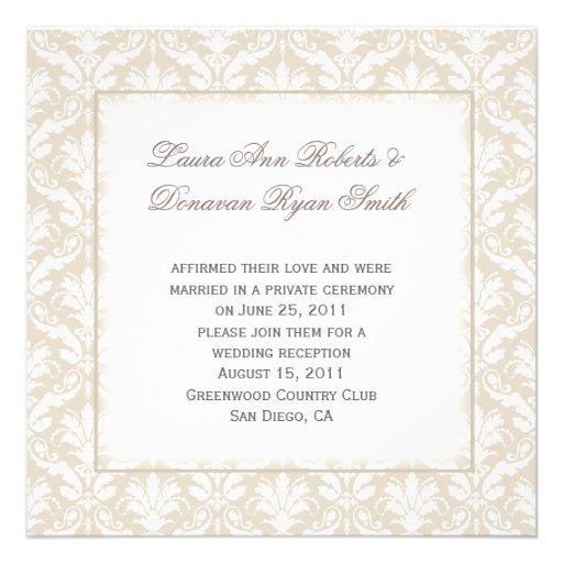 Tan and White Damask Post Wedding Invitations