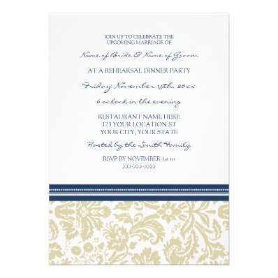 Tan Blue Damask Rehearsal Dinner Party Custom Invite