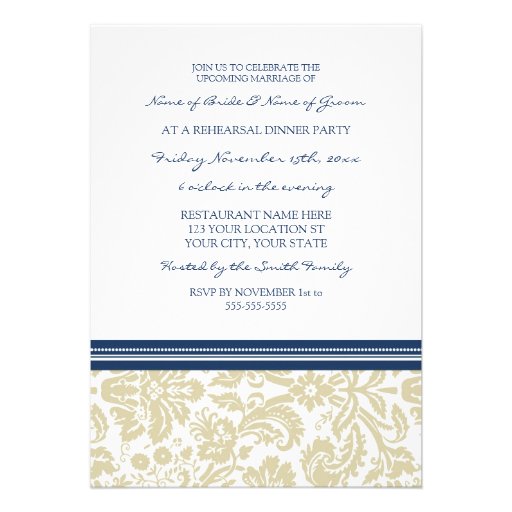 Tan Blue Damask Rehearsal Dinner Party Custom Invite