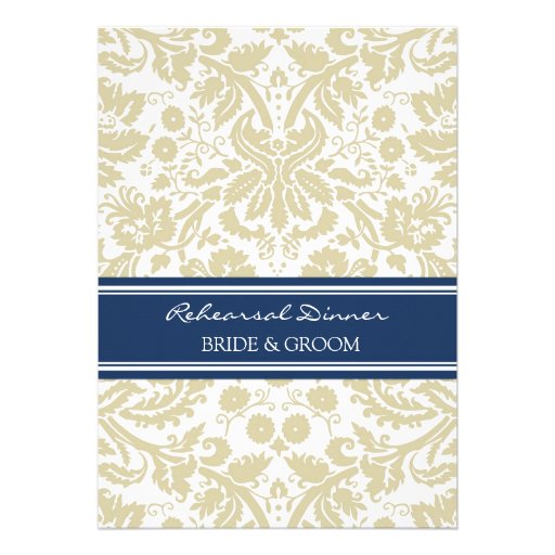 Tan Blue Damask Rehearsal Dinner Party Custom Invite