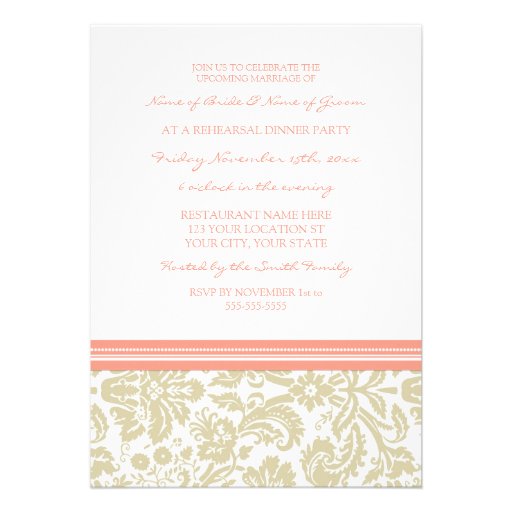Tan Coral Damask Rehearsal Dinner Party Card