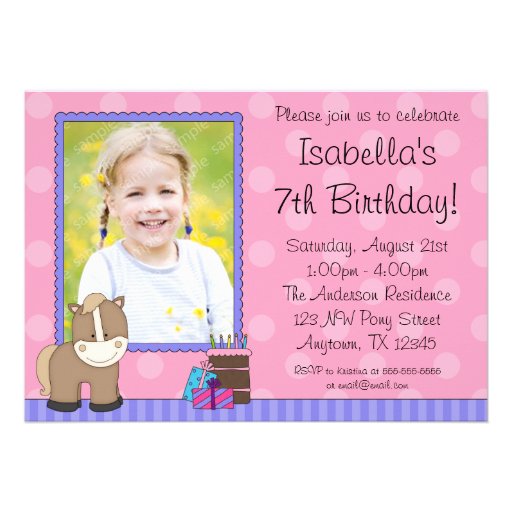 Tan Horse Pink Polka Dots Photo Birthday Party Custom Invites