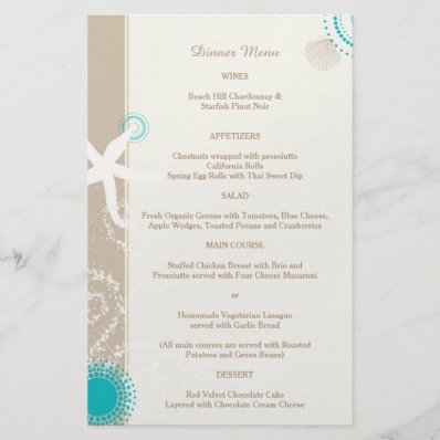 Tan Ivory Aqua Trendy Beach Wedding Menu