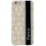Tan White Damask Pattern Personalized Name Barely There iPhone 6 Plus Case