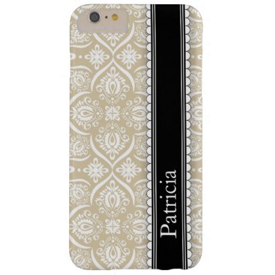 Tan White Damask Pattern Personalized Name Barely There iPhone 6 Plus Case