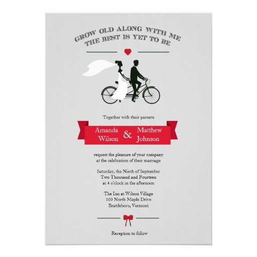 Tandem Bicycle Grey and Red Wedding Invitations (front side)