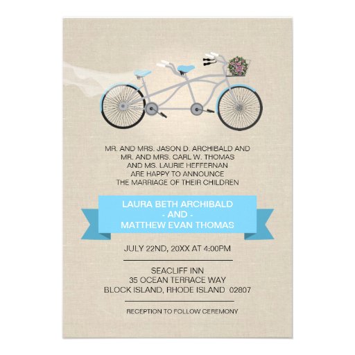 Tandem Bicycle Wedding Faux Linen Custom Announcement