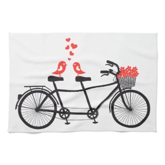 tandem bicycle with cute love birds kitchen towel