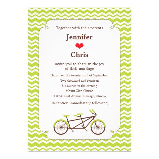 Tandem Bike (Green Chevron) Wedding Personalized Announcement