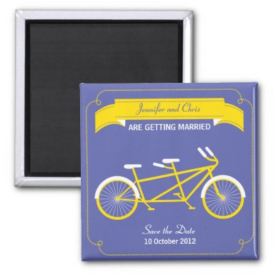 Tandem Bike Yellow Blue Save the Date Fridge Magnet by poptasticbride