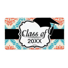tangerine orange and aqua blue ornate damask labels