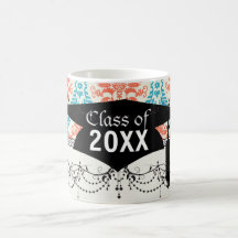 tangerine orange and aqua blue ornate damask mug