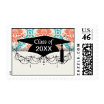 tangerine orange and aqua blue ornate damask postage stamps