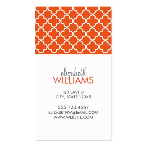 Tangerine Orange Moroccan Quatrefoil Pattern Business Cards (front side)