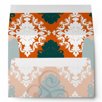 tangy orange teal white damask pattern envelope