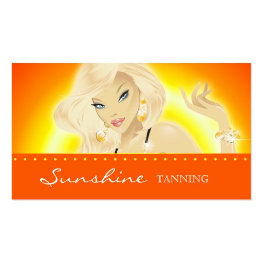 Tanning Salon Pretty Blonde Woman Orange Business Card Template (front side)