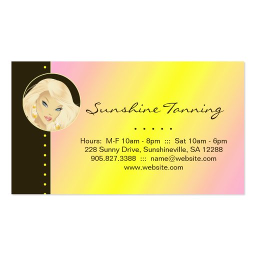 Tanning Salon Pretty Blonde Woman Yellow Business Card Templates (back side)