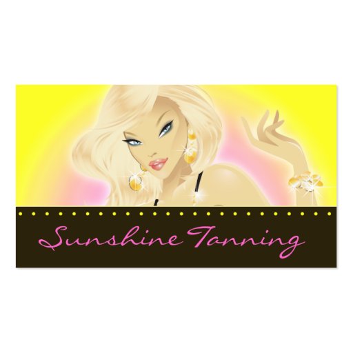 Tanning Salon Pretty Blonde Woman Yellow Business Card Templates (front side)